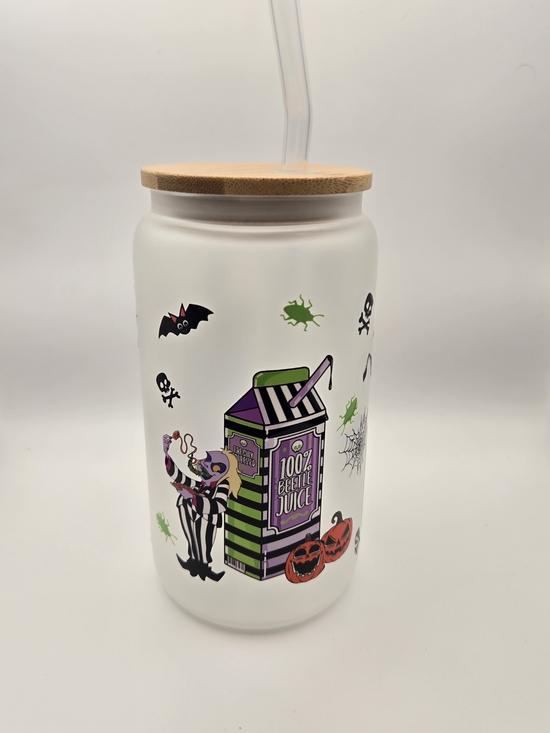 Erins Lovely Creations Other - Halloween Beetle Juice-Themed Frosted Jar Tumbler with Straw 16oz